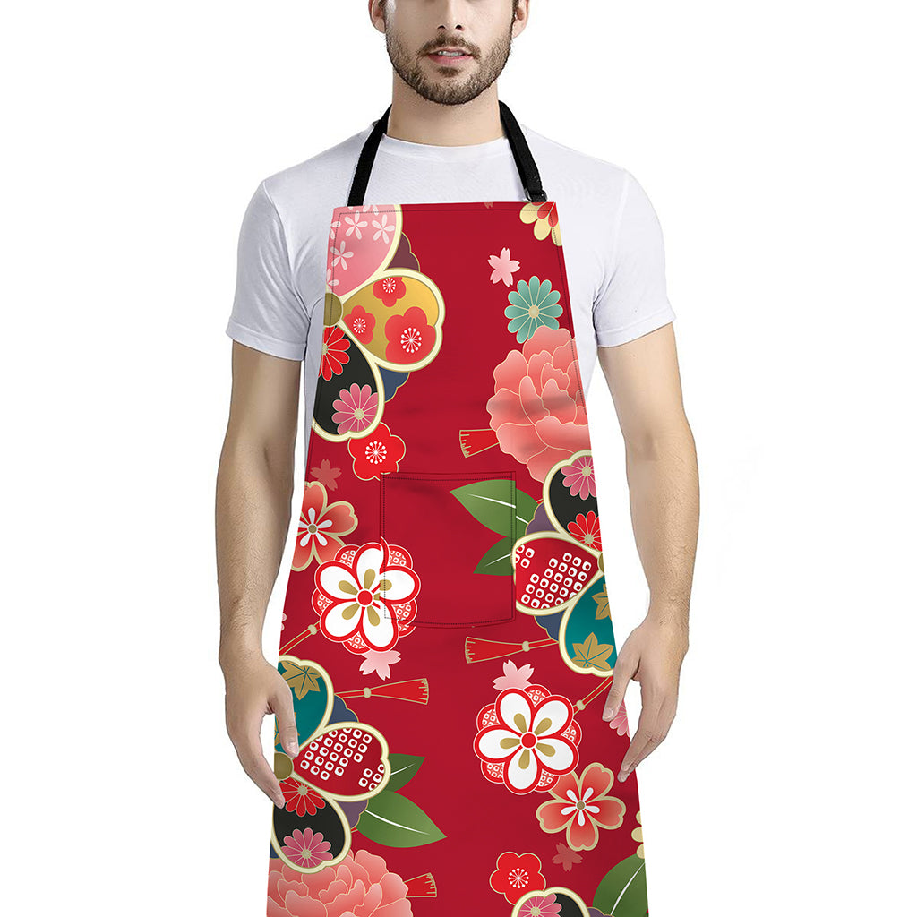 Japanese Kimono Pattern Print Bib Apron With Pocket
