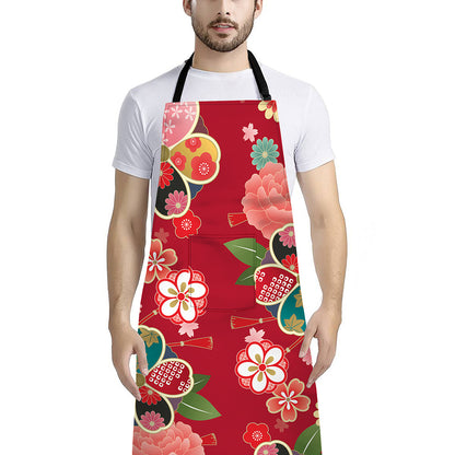 Japanese Kimono Pattern Print Bib Apron With Pocket