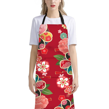 Japanese Kimono Pattern Print Bib Apron With Pocket