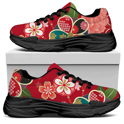 Japanese Kimono Pattern Print Black Chunky Shoes