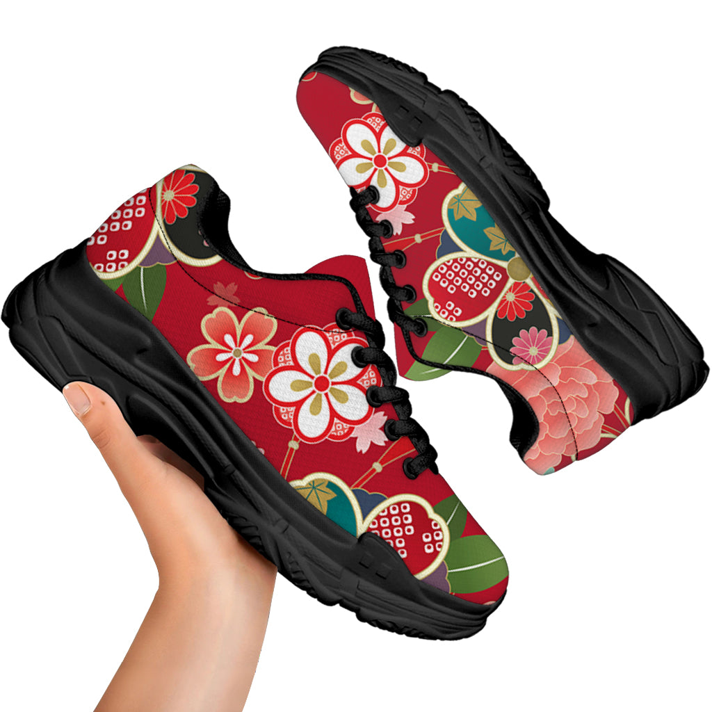 Japanese Kimono Pattern Print Black Chunky Shoes