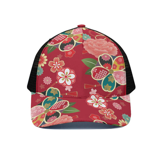 Japanese Kimono Pattern Print Black Mesh Trucker Cap