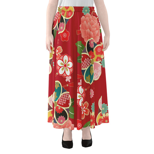 Japanese Kimono Pattern Print Chiffon Maxi Skirt