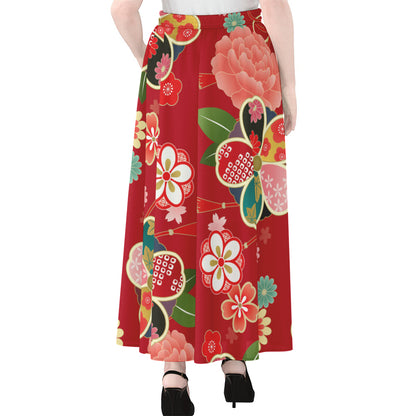 Japanese Kimono Pattern Print Chiffon Maxi Skirt