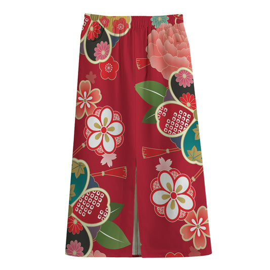 Japanese Kimono Pattern Print Cotton Front Slit Maxi Skirt