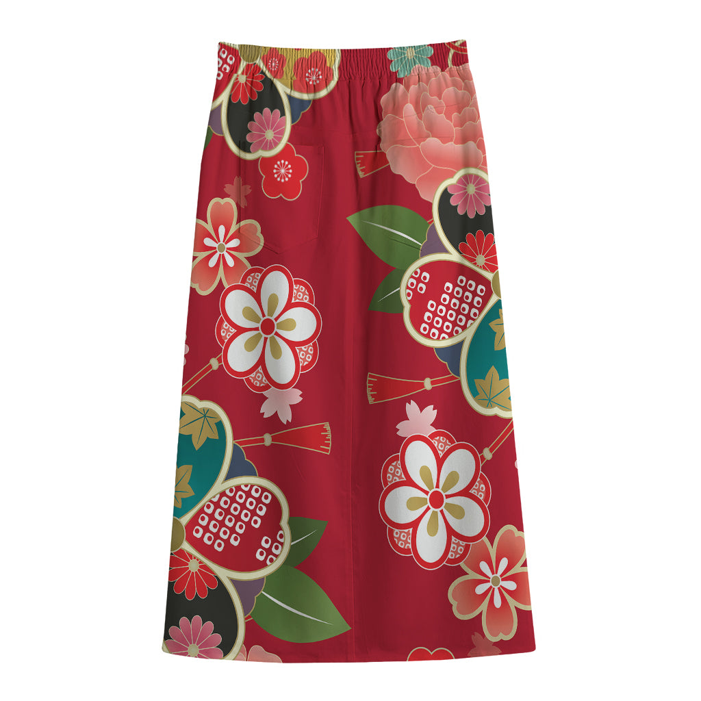 Japanese Kimono Pattern Print Cotton Front Slit Maxi Skirt