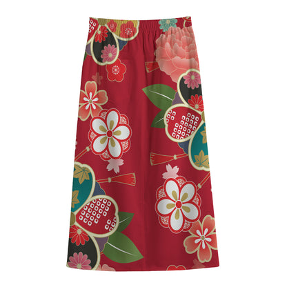 Japanese Kimono Pattern Print Cotton Front Slit Maxi Skirt