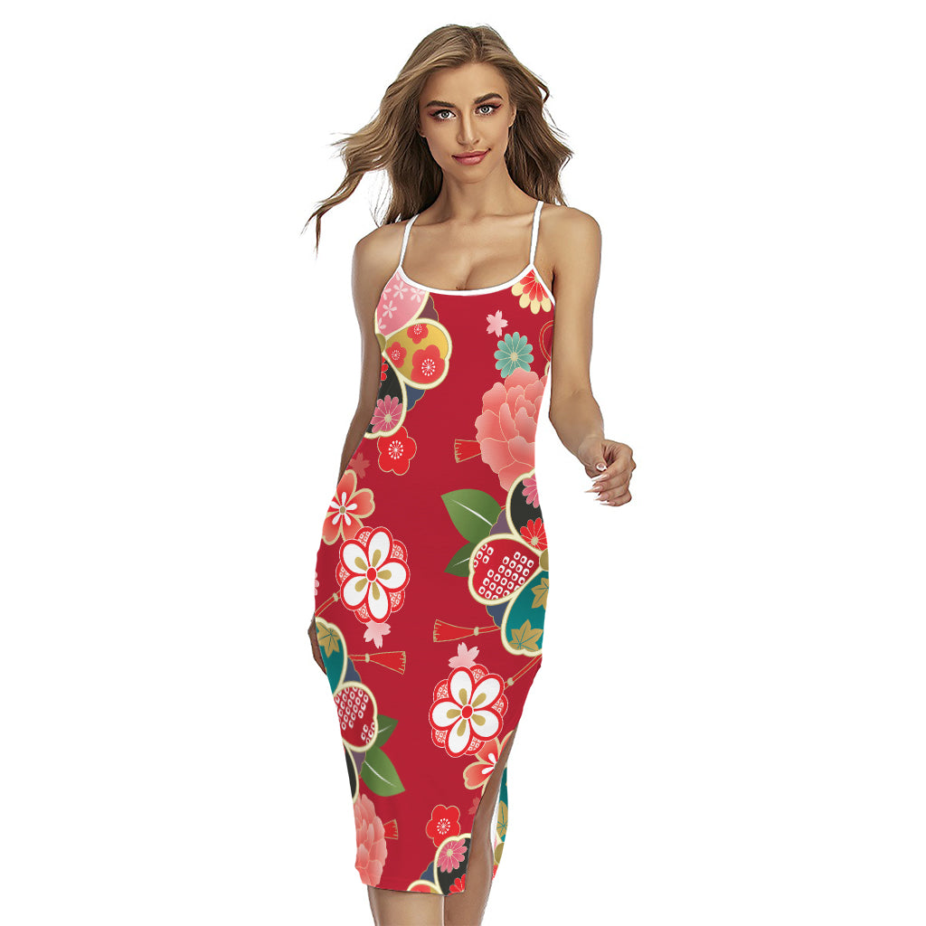 Japanese Kimono Pattern Print Cross Back Cami Dress