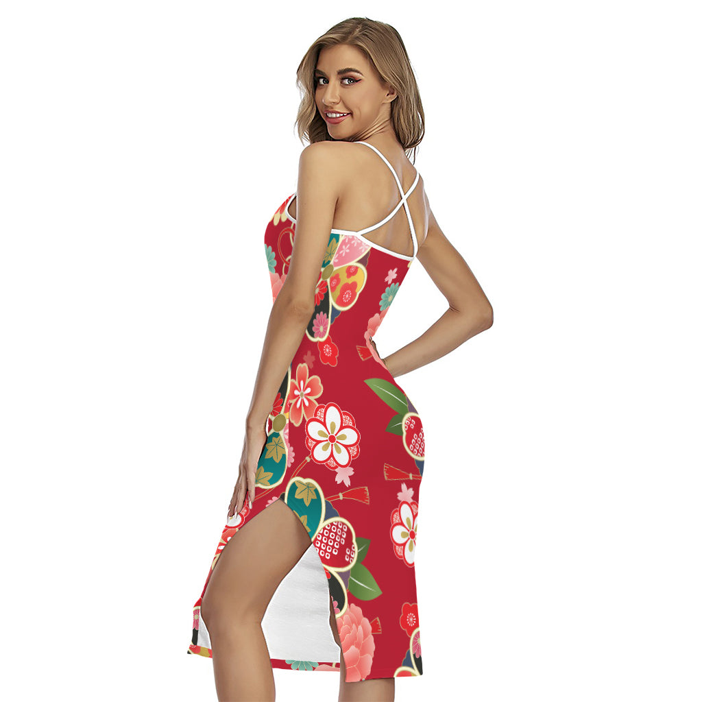 Japanese Kimono Pattern Print Cross Back Cami Dress