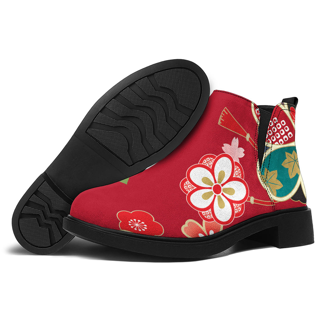 Japanese Kimono Pattern Print Flat Ankle Boots