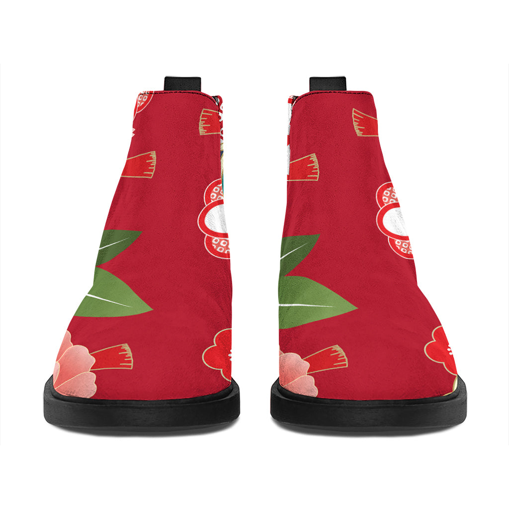 Japanese Kimono Pattern Print Flat Ankle Boots