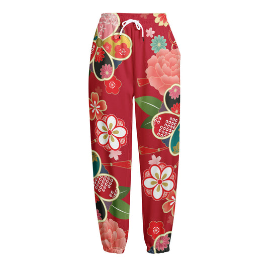 Japanese Kimono Pattern Print Fleece Lined Knit Pants
