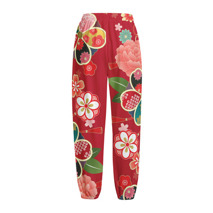 Japanese Kimono Pattern Print Fleece Lined Knit Pants