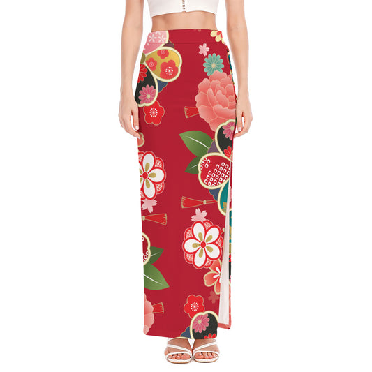 Japanese Kimono Pattern Print High Slit Maxi Skirt