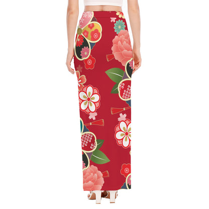 Japanese Kimono Pattern Print High Slit Maxi Skirt