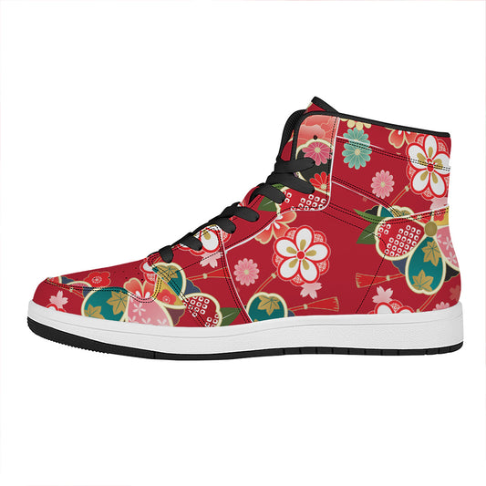 Japanese Kimono Pattern Print High Top Leather Sneakers