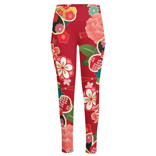 Japanese Kimono Pattern Print High-Waisted Pocket Leggings