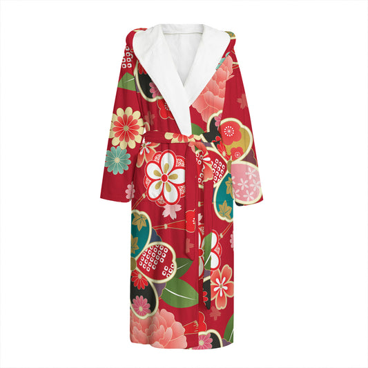 Japanese Kimono Pattern Print Hooded Bathrobe