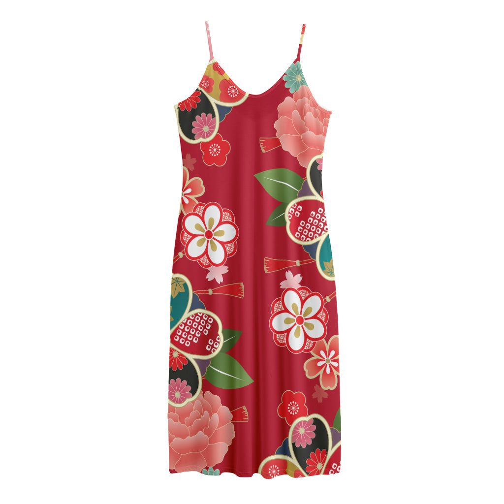 Japanese Kimono Pattern Print Jersey Midi Cami Dress