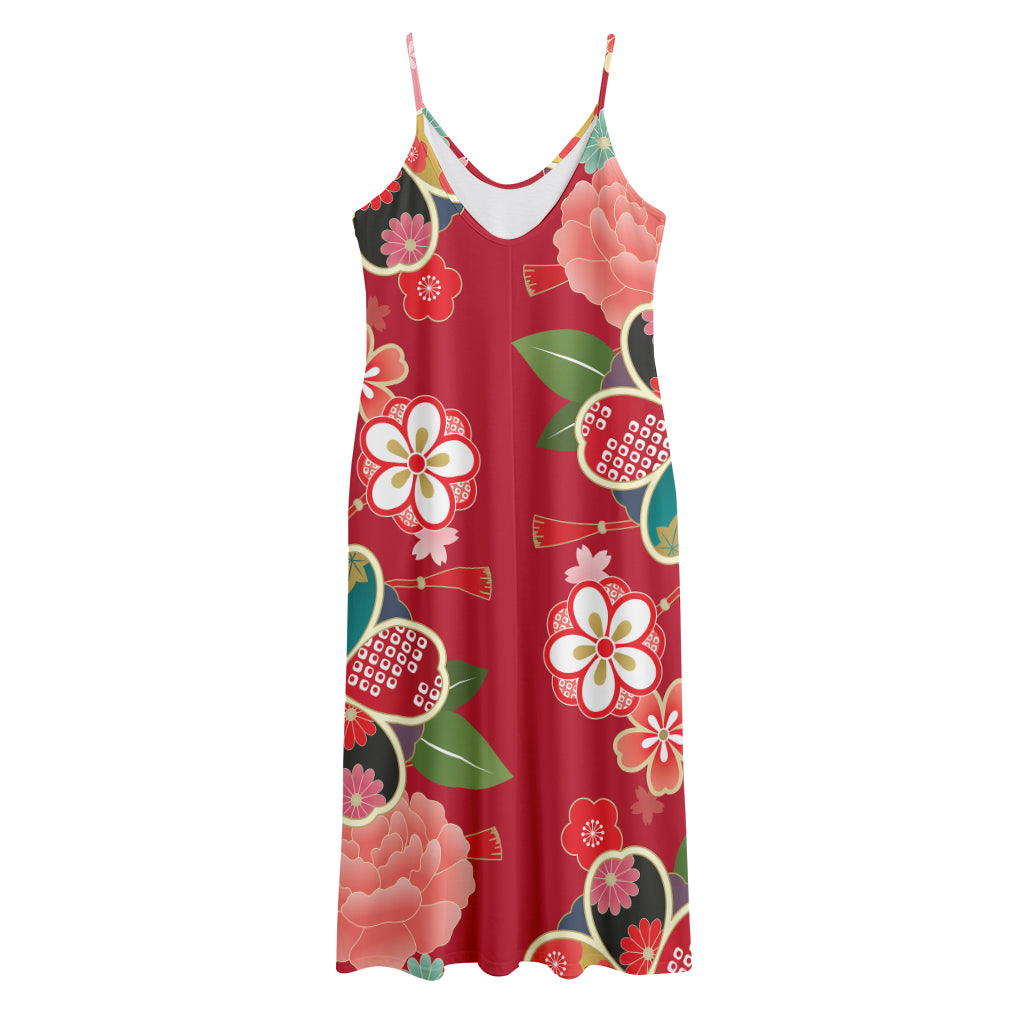 Japanese Kimono Pattern Print Jersey Midi Cami Dress