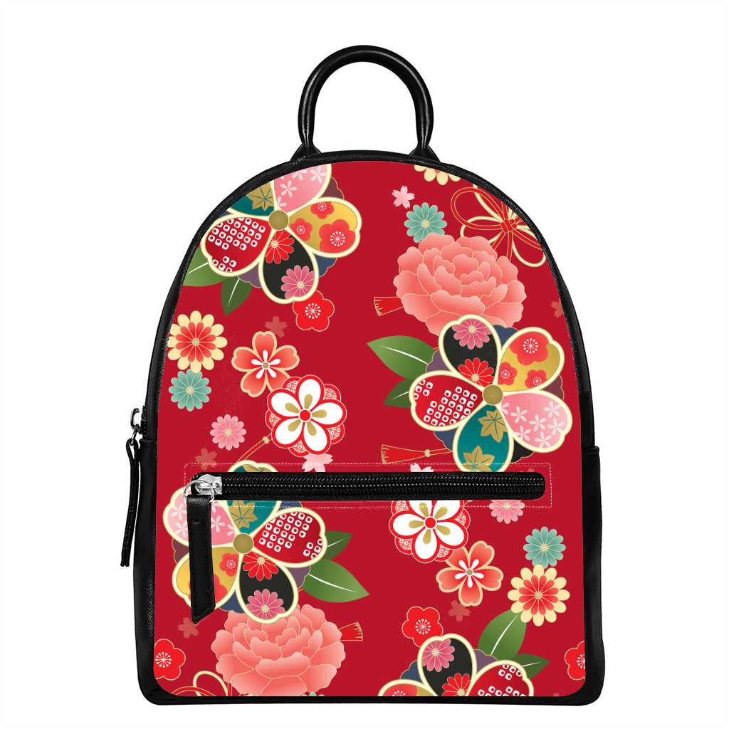Japanese Kimono Pattern Print Leather Backpack