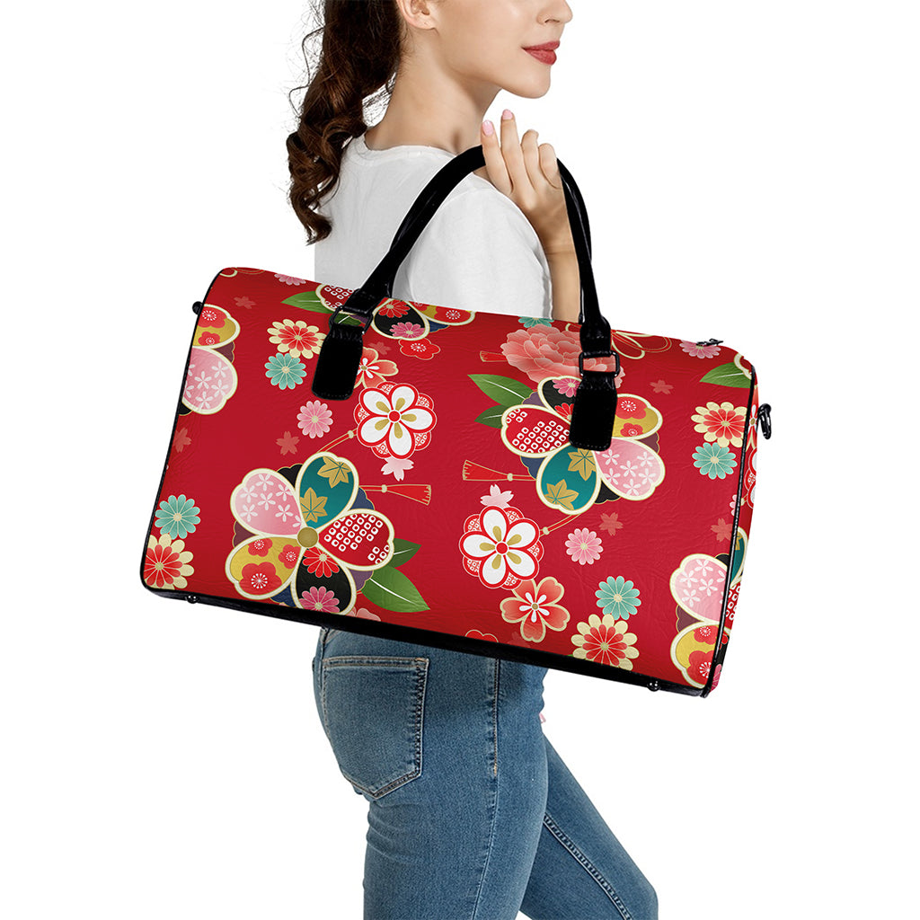 Japanese Kimono Pattern Print Leather Duffle Bag