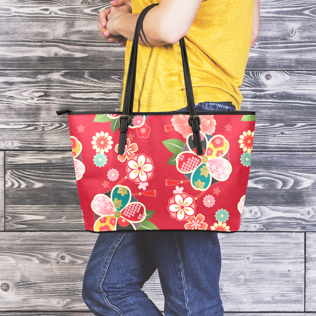 Japanese Kimono Pattern Print Leather Tote Bag