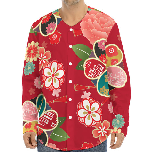 Japanese Kimono Pattern Print Long Sleeve Baseball Jersey