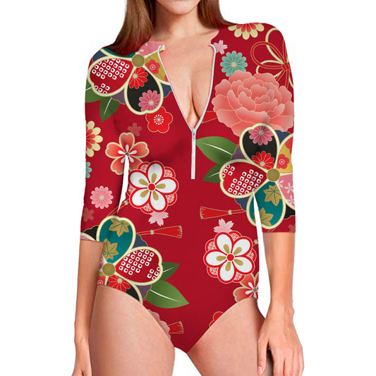 Japanese Kimono Pattern Print Long Sleeve Swimsuit