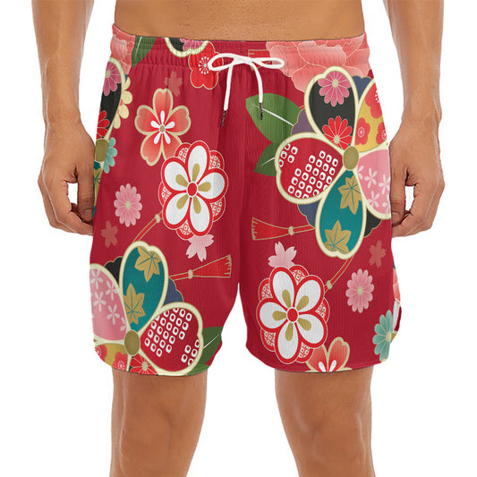 Japanese Kimono Pattern Print Men's Split Running Shorts