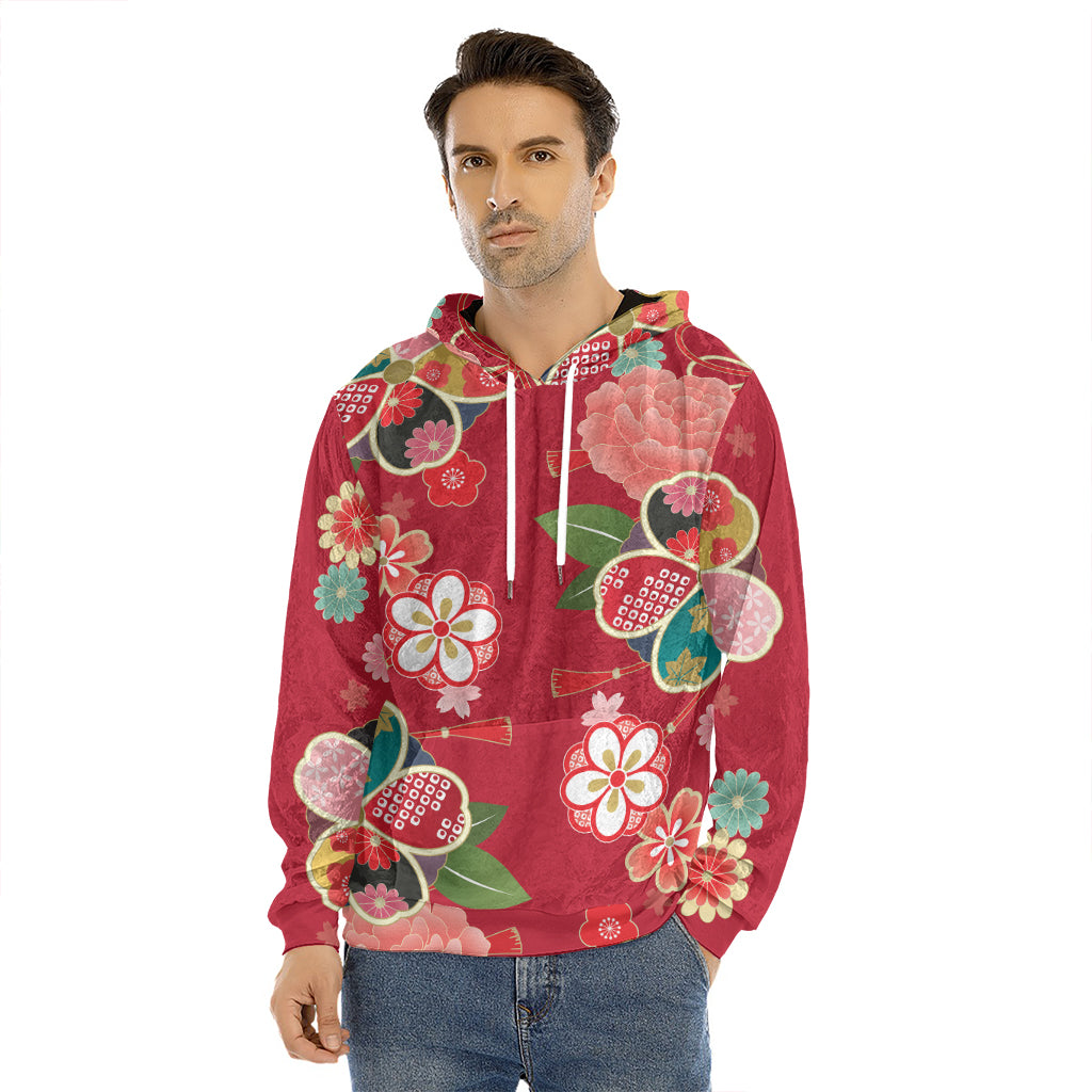 Japanese Kimono Pattern Print Men's Velvet Pullover Hoodie