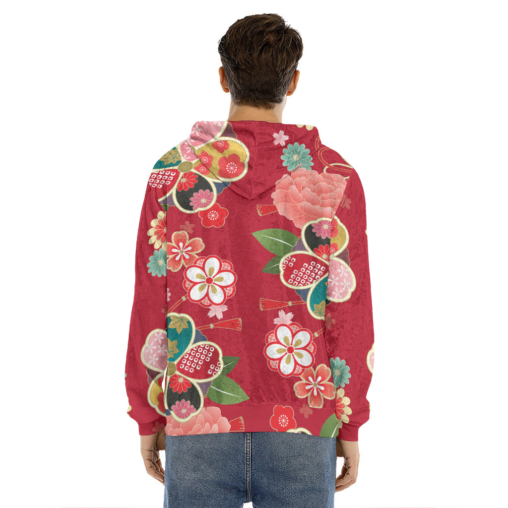 Japanese Kimono Pattern Print Men's Velvet Pullover Hoodie
