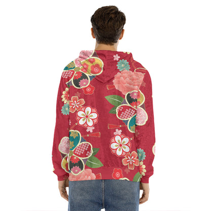 Japanese Kimono Pattern Print Men's Velvet Pullover Hoodie