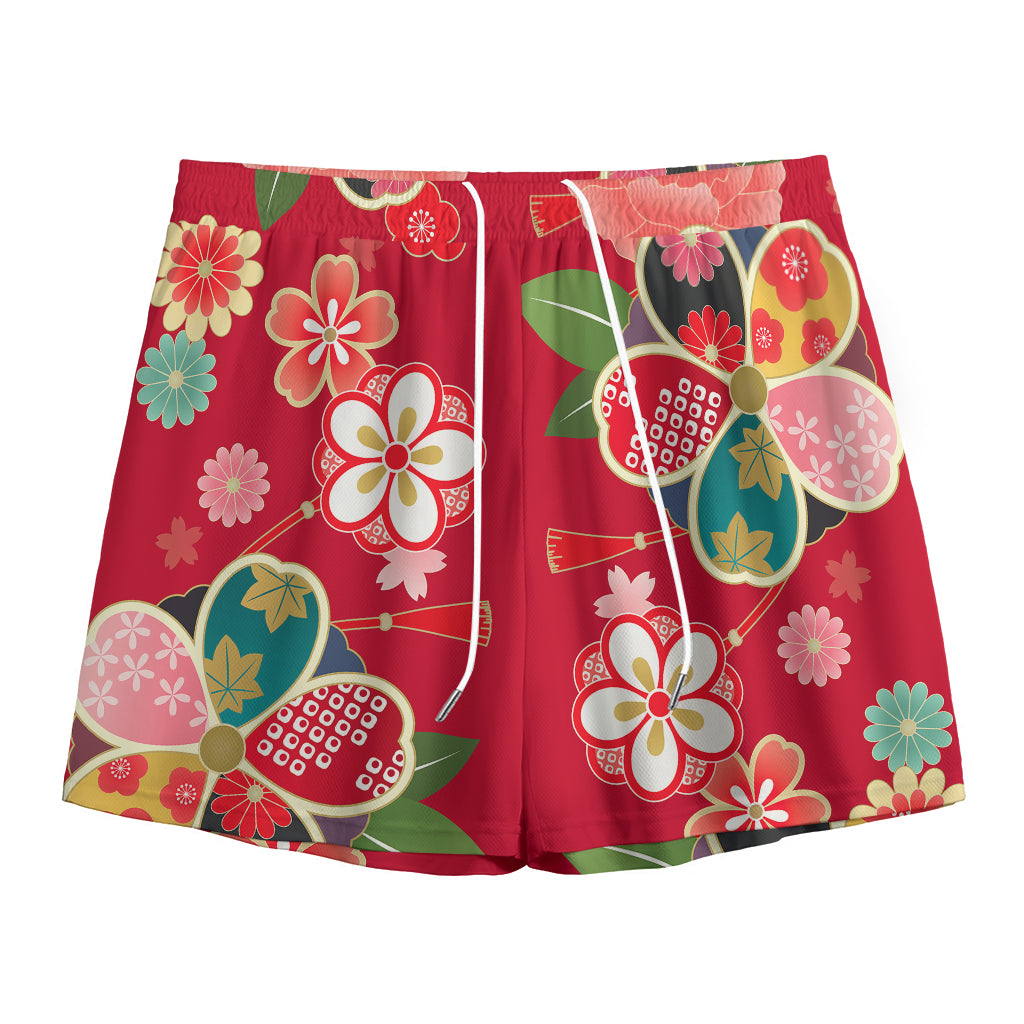 Japanese Kimono Pattern Print Mesh Shorts