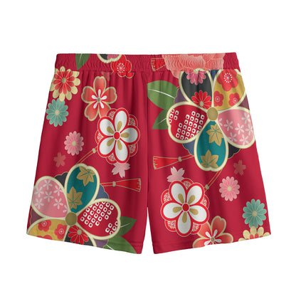 Japanese Kimono Pattern Print Mesh Shorts
