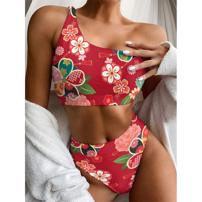 Japanese Kimono Pattern Print One Shoulder Bikini Top