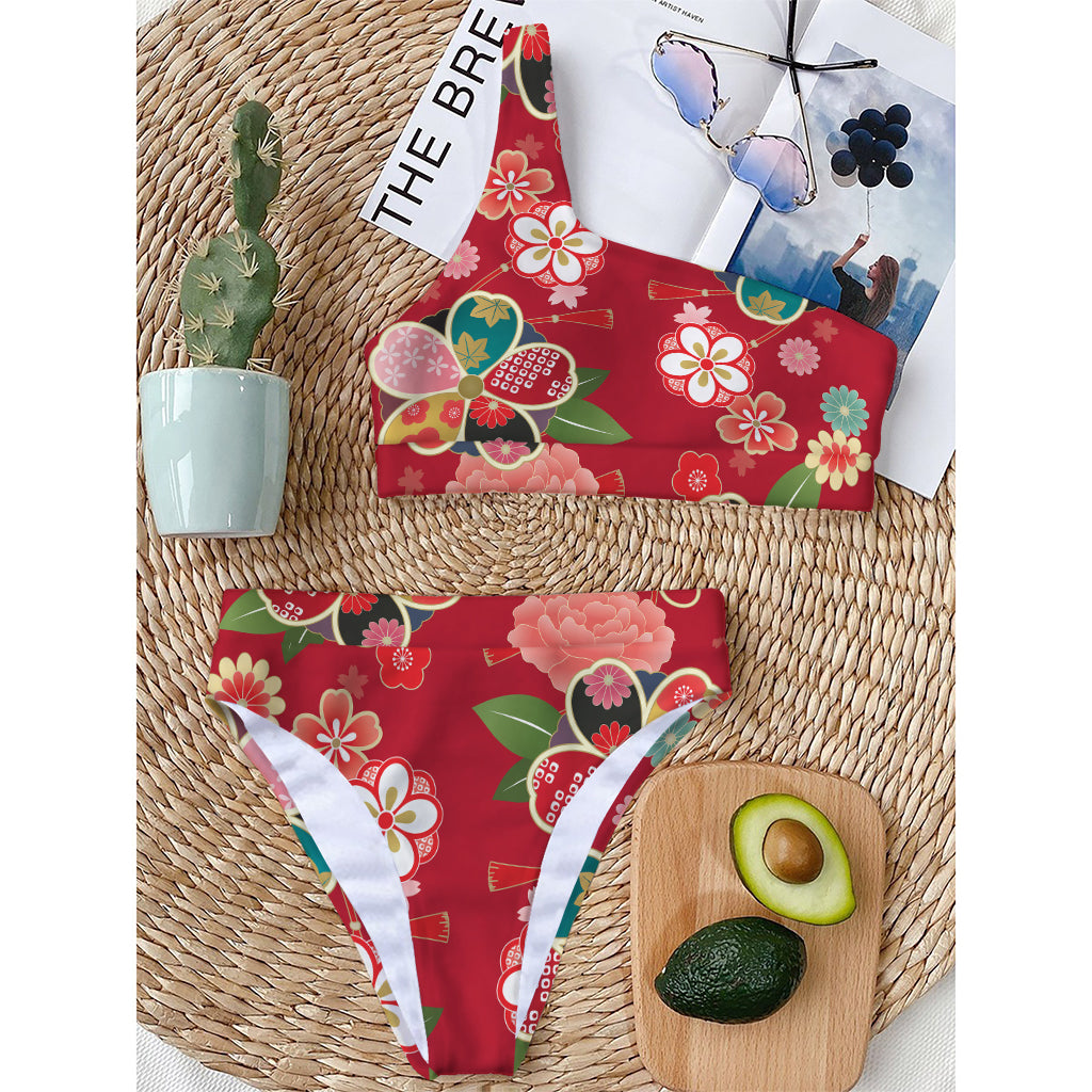 Japanese Kimono Pattern Print One Shoulder Bikini Top