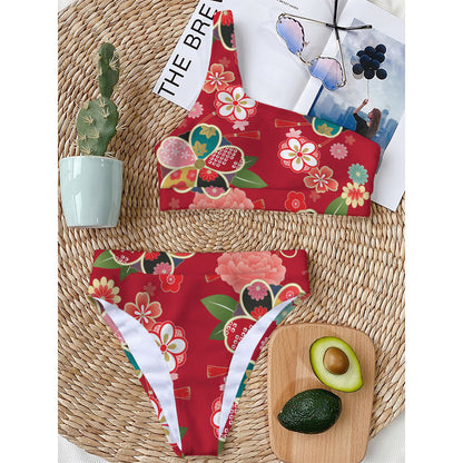 Japanese Kimono Pattern Print One Shoulder Bikini Top