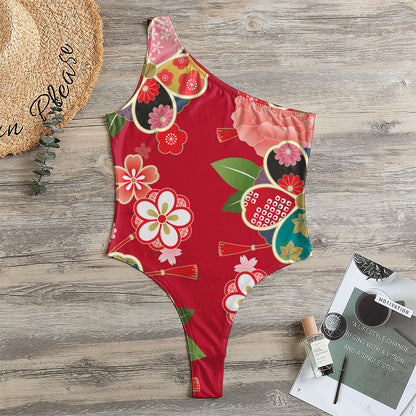 Japanese Kimono Pattern Print One Shoulder Bodysuit