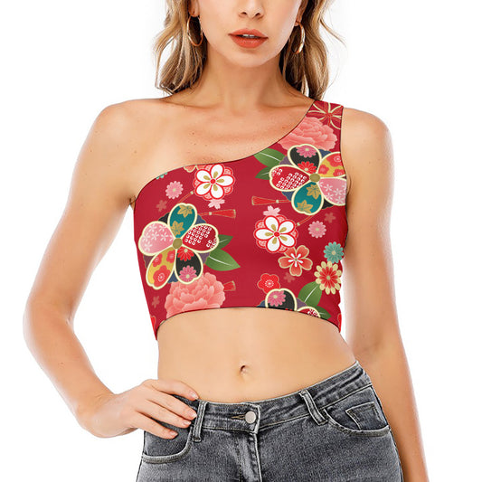 Japanese Kimono Pattern Print One Shoulder Crop Top
