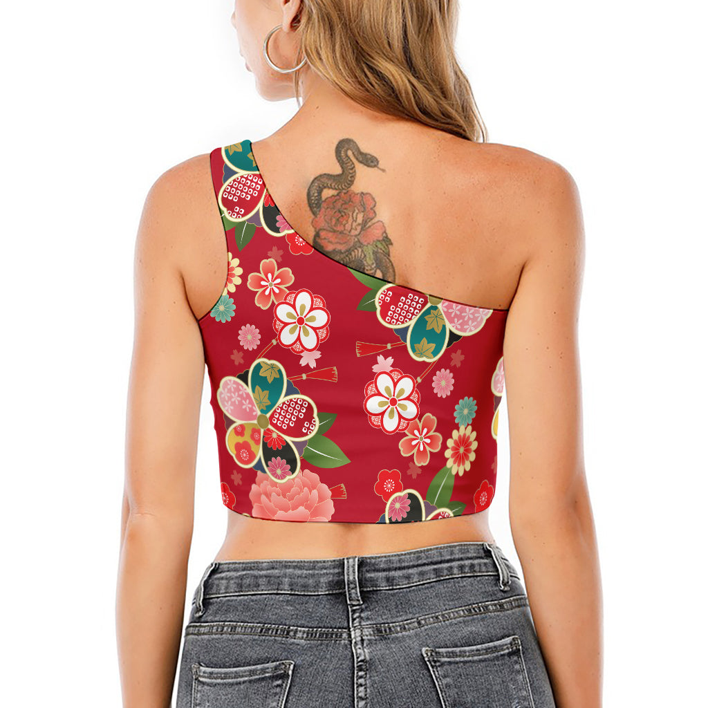 Japanese Kimono Pattern Print One Shoulder Crop Top