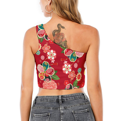 Japanese Kimono Pattern Print One Shoulder Crop Top
