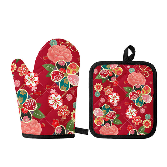 Japanese Kimono Pattern Print Oven Mitt And Pot Holder Set