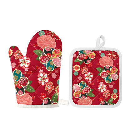 Japanese Kimono Pattern Print Oven Mitt And Pot Holder Set