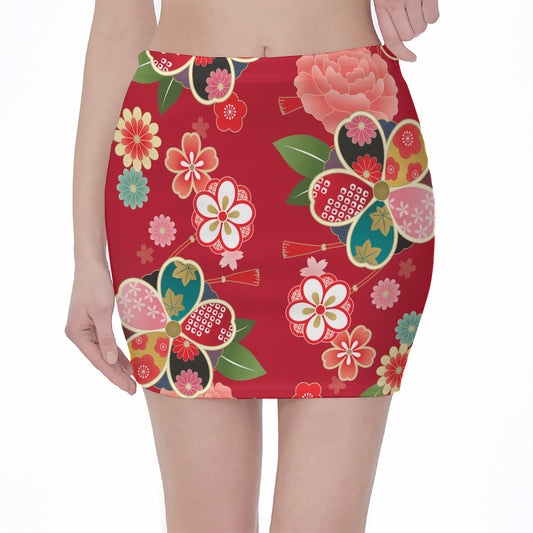Japanese Kimono Pattern Print Pencil Mini Skirt