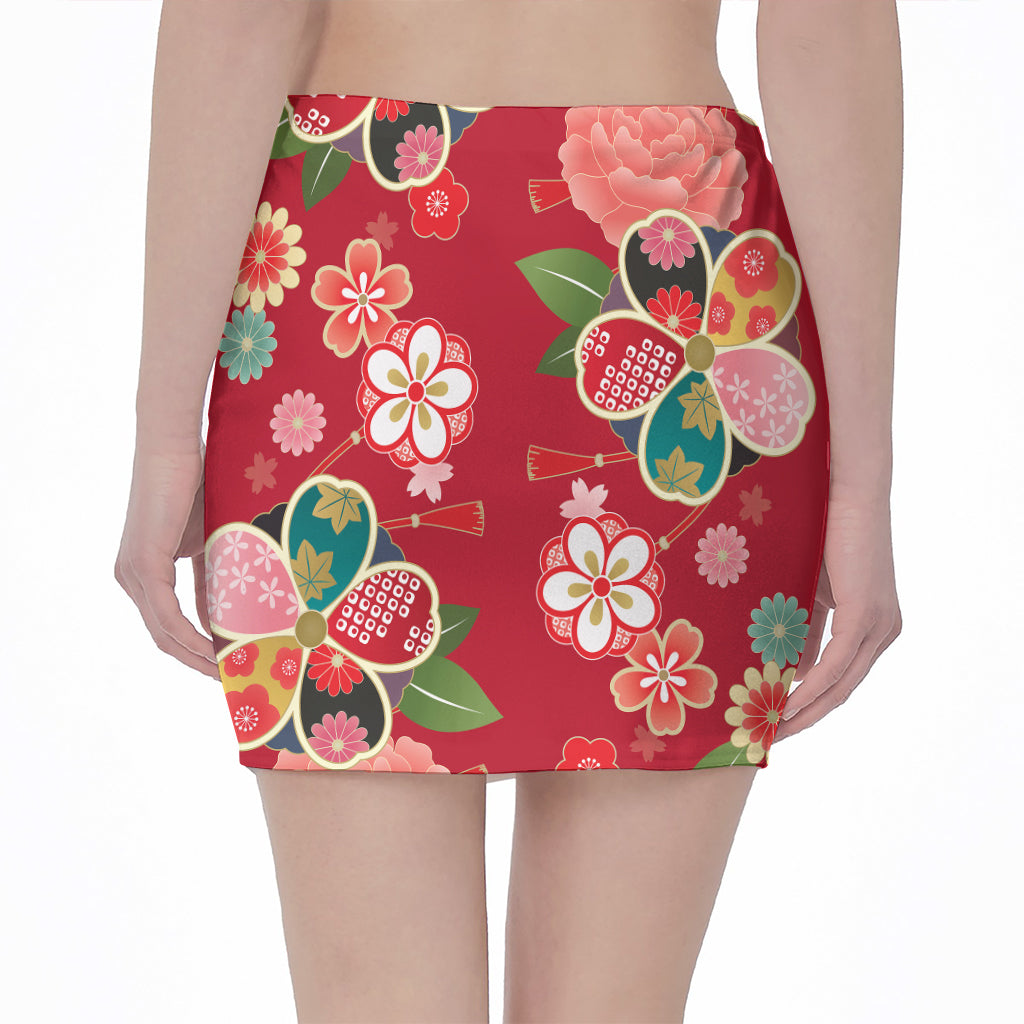 Japanese Kimono Pattern Print Pencil Mini Skirt