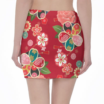 Japanese Kimono Pattern Print Pencil Mini Skirt