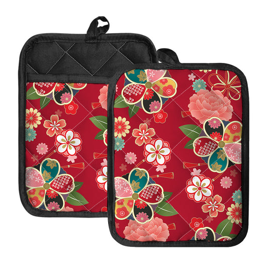 Japanese Kimono Pattern Print Pot Holders With Pocket
