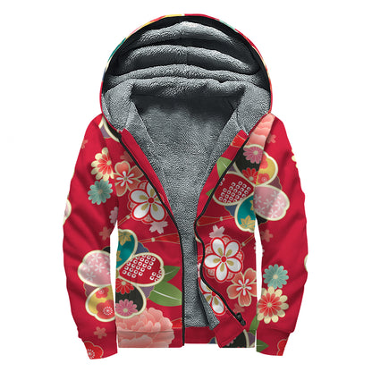 Japanese Kimono Pattern Print Sherpa Lined Zip Up Hoodie