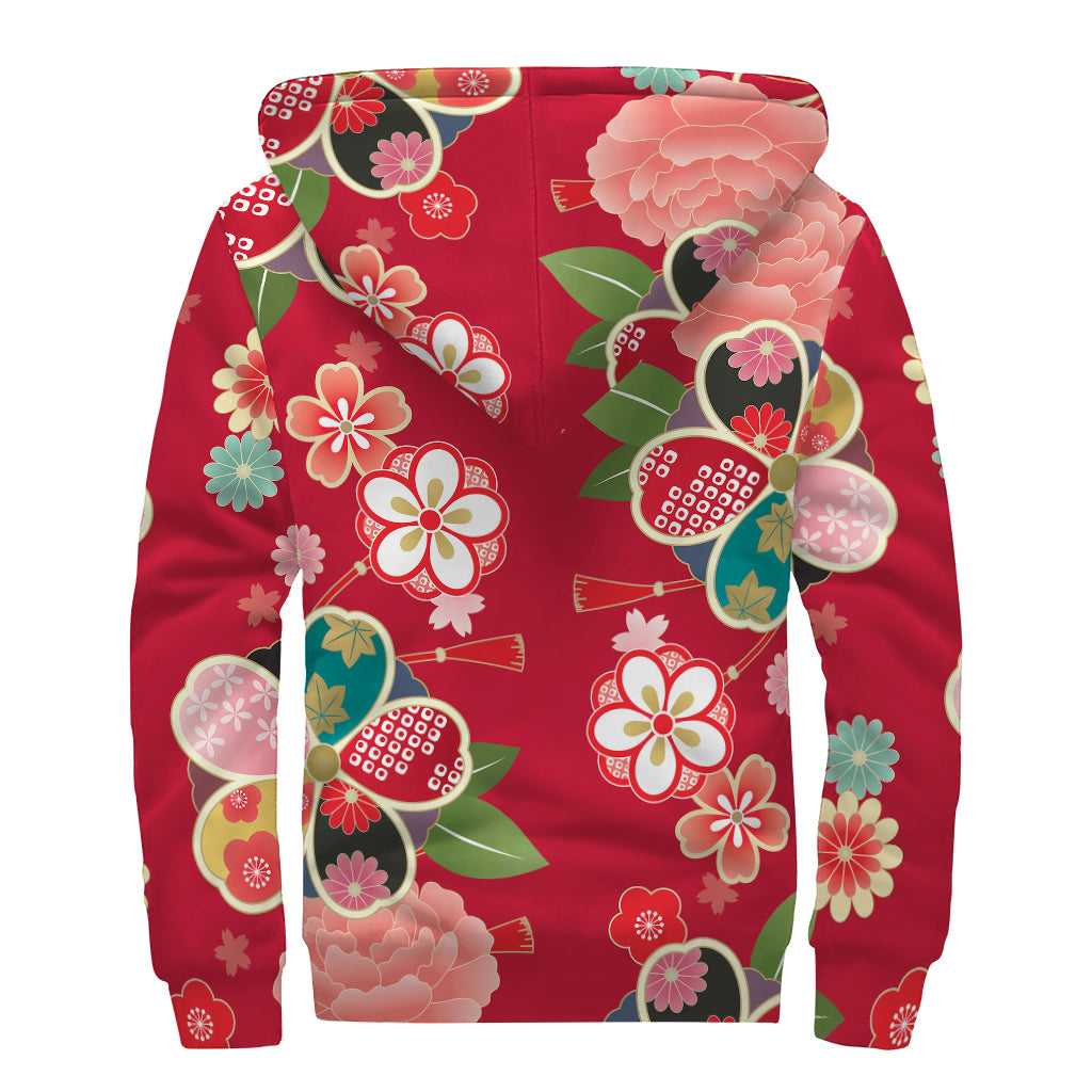 Japanese Kimono Pattern Print Sherpa Lined Zip Up Hoodie